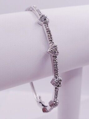 Genuine Diamond Accent 925 Sterling Silver Heart Bangle Bracelet